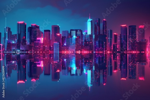 essence of a modern city at night. Neon lights from towering skyscrapers paint the sky in vibrant hues, mirrored perfectly on the surface of the water