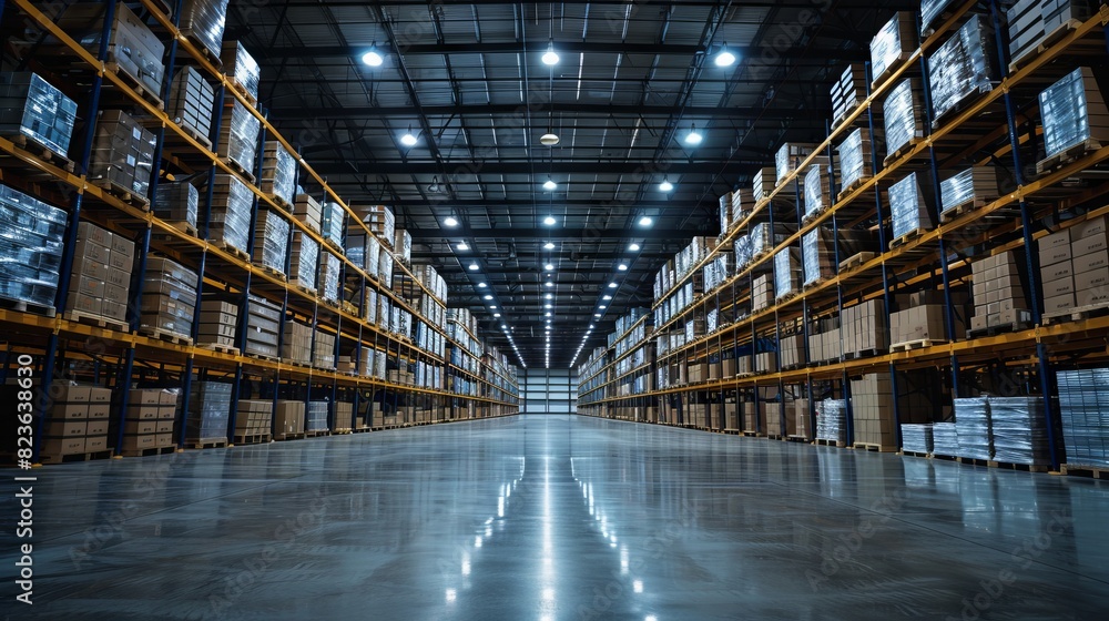 A spacious and modern warehouse with high ceilings, well-organized shelves stocked with goods, and bright lighting A spacious and modern warehouse with high ceilings, well-organized shelves stocked with goods, and bright lighting