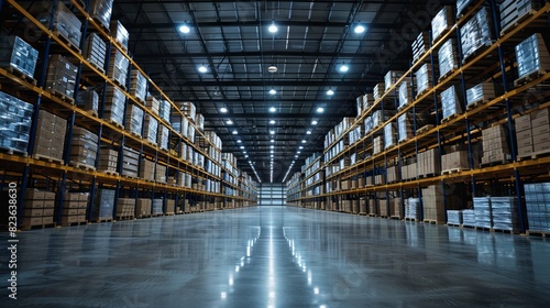 A spacious and modern warehouse with high ceilings, well-organized shelves stocked with goods, and bright lighting © Ilham