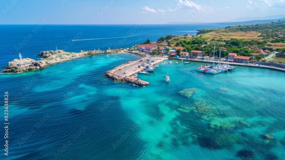 port surrounded by vibrant marine life, with eco-friendly infrastructure and clear blue waters, in a vibrant, natural style. --ar 16:9 --style raw Job ID: b6460901-cb6b-4cb0-ae12-301aeca32934