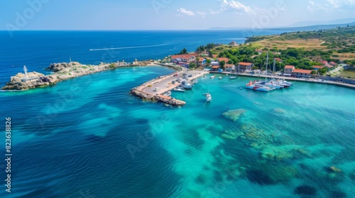 port surrounded by vibrant marine life, with eco-friendly infrastructure and clear blue waters, in a vibrant, natural style. --ar 16:9 --style raw Job ID: b6460901-cb6b-4cb0-ae12-301aeca32934 © songwut