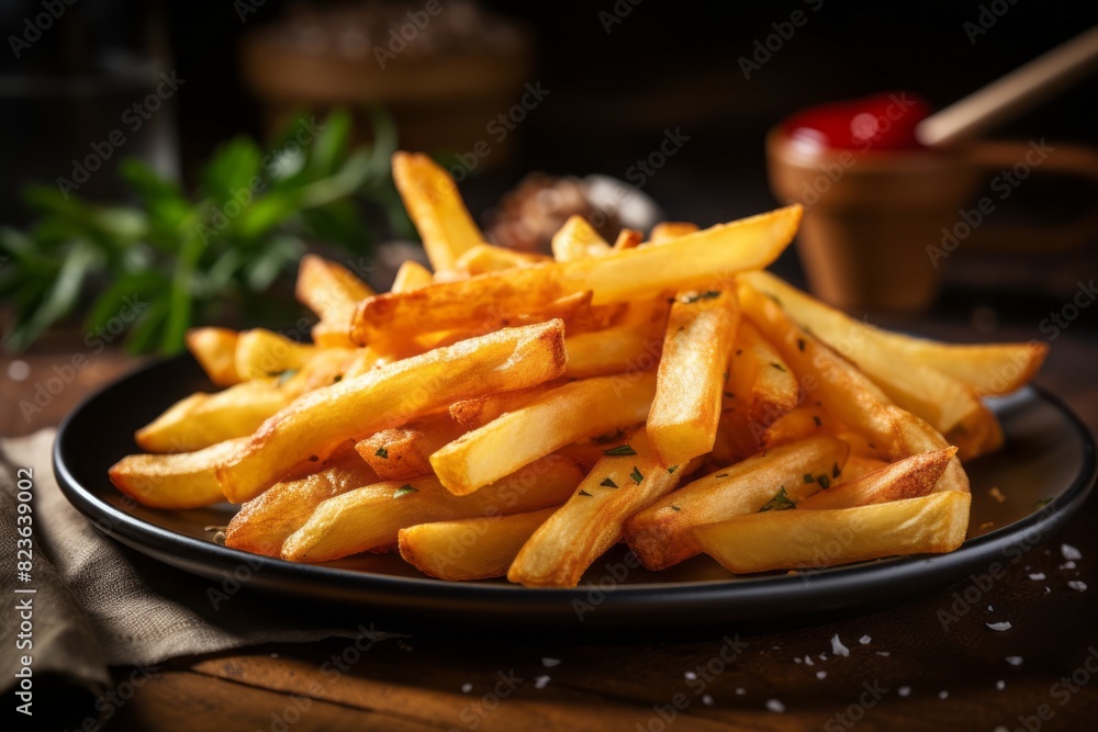 Delicious french fries on a rustic plate against a painted brick background Delicious french fries on a rustic plate against a painted brick background