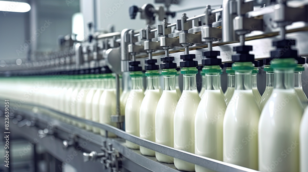 Glass Bottles with A Dairy Product On A Production Line Dairy Plant Production Line on Blurry Background Glass Bottles with A Dairy Product On A Production Line Dairy Plant Production Line on Blurry Background