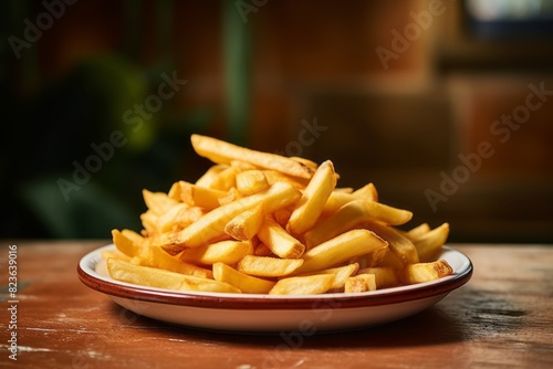 Delicious french fries on a rustic plate against a painted brick background