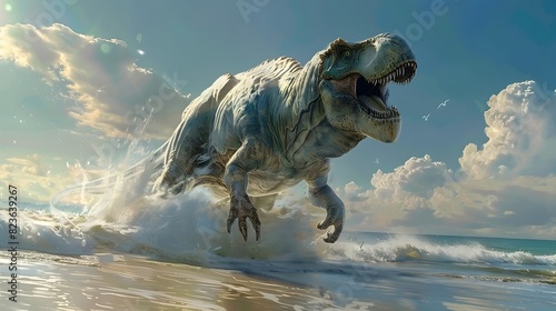 Mighty Prehistoric Beasts Roaming a Pristine Beach in Dynamic Sketches