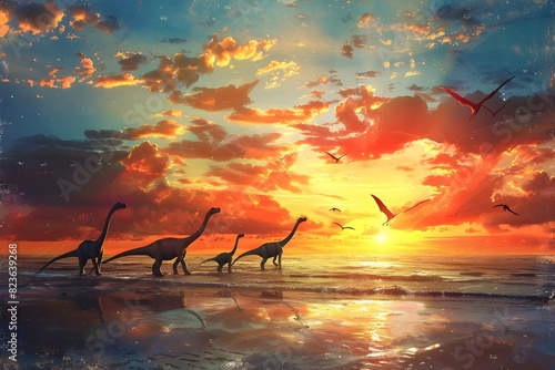 Majestic Prehistoric Silhouettes at Vibrant Coastal Sunset photo