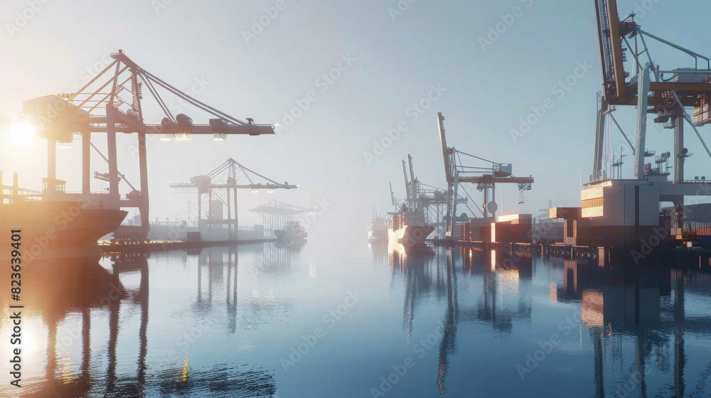 port with innovative cargo handling systems, including automated cranes and AI-driven logistics, in a futuristic, highly detailed style. --ar 16:9 -