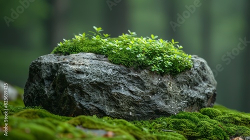 Lush green plants and moss find a home on a rock in a forest environment