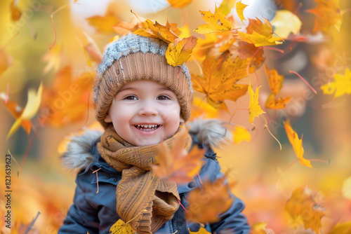 A child playing outside in the fall with colorful autumn leaves falling around them as they re having fun.