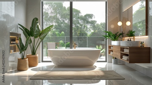 Elegant Modern Bathroom with Sunlit Freestanding Tub and Plant Decor © Ilham