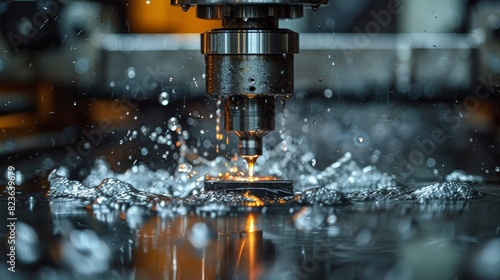 Close-up of a CNC machine nozzle spraying coolant on metal piece during the manufacturing process