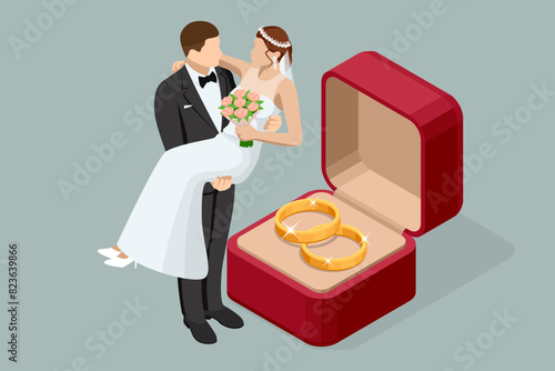 Isometric Golden wedding rings in a gift box, the groom in a suit and the bride in a brown wedding dress. Wedding ceremony. Wedding day.