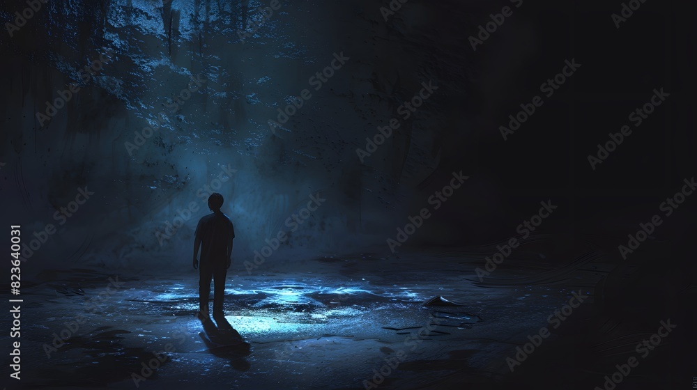Obraz premium the stage with a background of impenetrable darkness, where a lone figure emerges, illuminated by a faint glimmer. Capture the essence of solitude and introspection amidst the shadows.