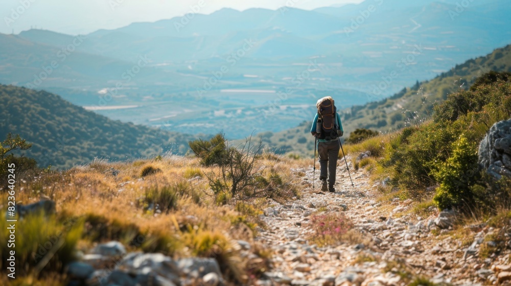 Portrait-oriented image of a hiker on a mountain trail, with the path leading into the distance --ar 16:9 --style raw Job ID: ea3dda71-2436-412e-a945-a82c521ab054