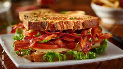 A close-up shot of an extracentury sandwich, with lettuce and bacon on a white plate, sitting in the middle of a restaurant table. photo