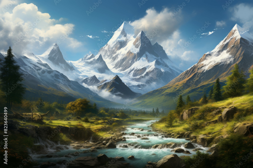 Scenic landscape of majestic snow-capped mountains, flowing river, and lush green valley under a blue sky with scattered clouds.