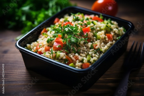 Tasty tabbouleh in a bento box against a painted brick background photo