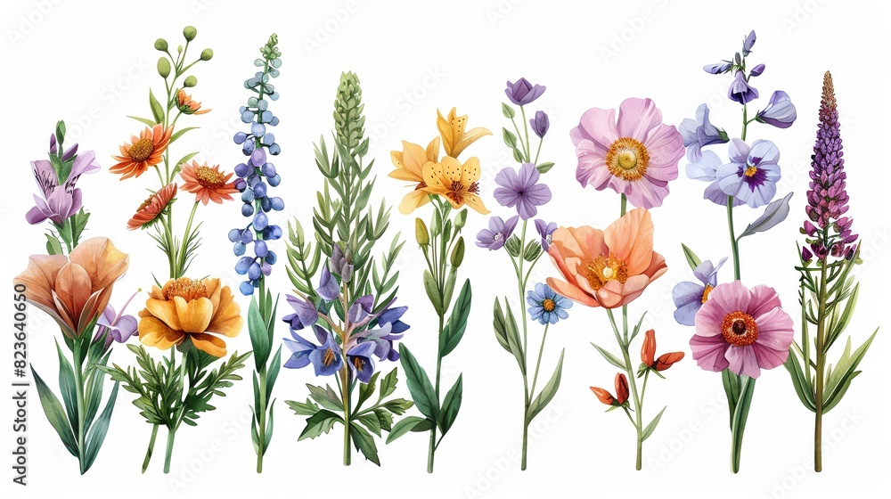 Detailed botanical illustration of a diverse floral arrangement, each flower rendered in stunning watercolors, presented as a single, isolated clipart piece, perfect for enriching any artistic project Detailed botanical illustration of a diverse floral arrangement, each flower rendered in stunning watercolors, presented as a single, isolated clipart piece, perfect for enriching any artistic project