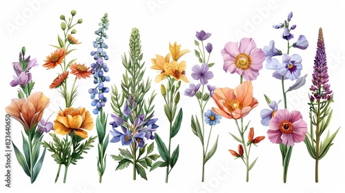 Wallpaper Mural Detailed botanical illustration of a diverse floral arrangement, each flower rendered in stunning watercolors, presented as a single, isolated clipart piece, perfect for enriching any artistic project Torontodigital.ca