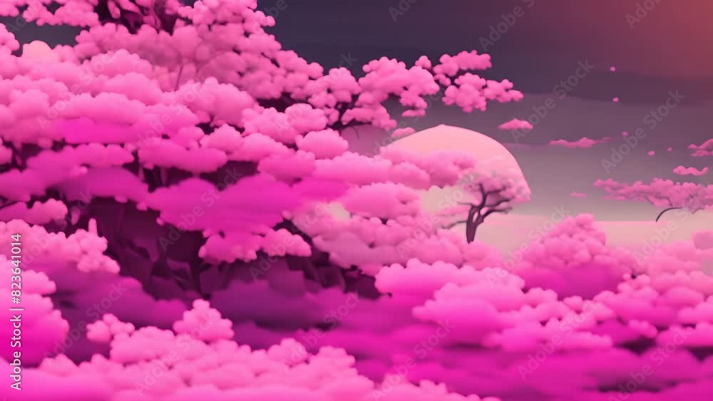 Japanese Pink Trees in a Landscape Painting Generative AI Japanese Pink Trees in a Landscape Painting Generative AI