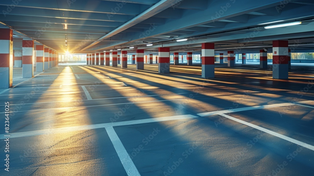 An empty underground parking garage with bright daylight streaming in through the windows. An empty underground parking garage with bright daylight streaming in through the windows.