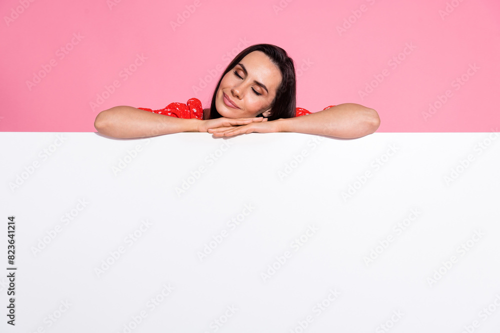 Portrait of nice young lady sleep empty space wear top isolated on pink color background Portrait of nice young lady sleep empty space wear top isolated on pink color background