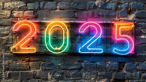 Number 2025 neon sign on a dark background. Symbol of the new year