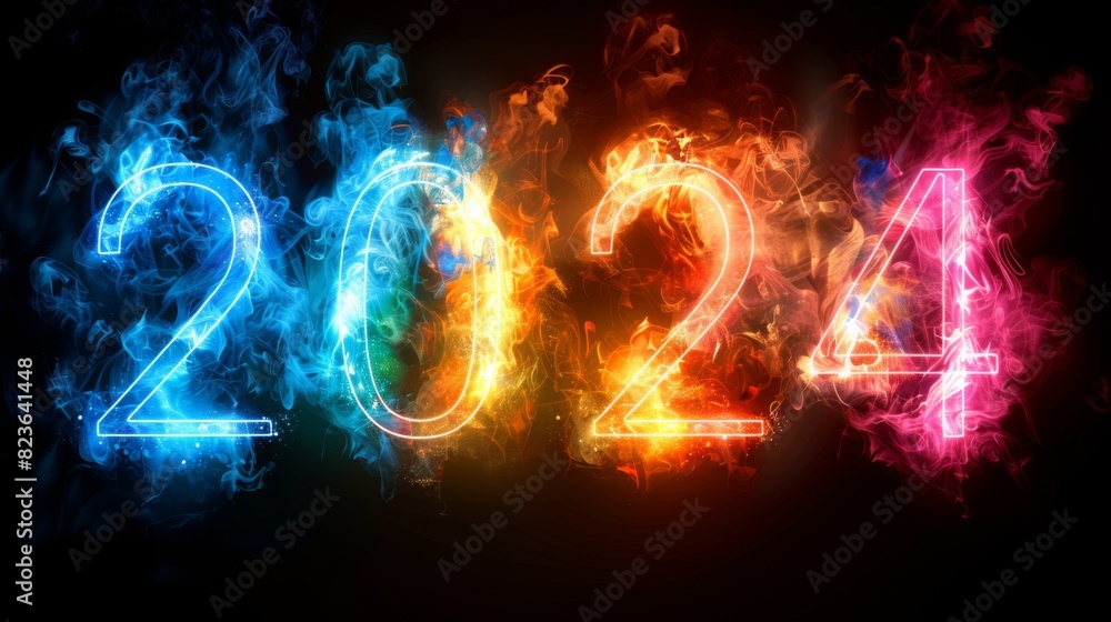 Number 2024 neon sign on a dark background. Symbol of the new year Number 2024 neon sign on a dark background. Symbol of the new year