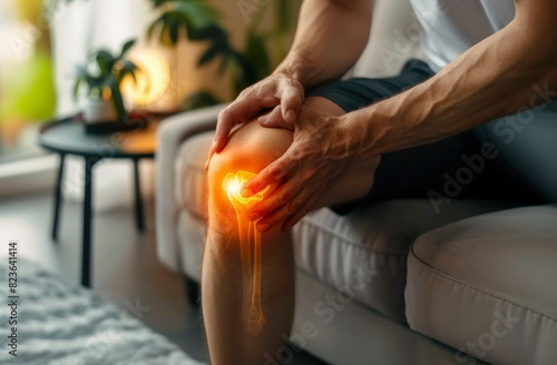A man holding his knee in pain with his hand and leg showing an orange glowing spot