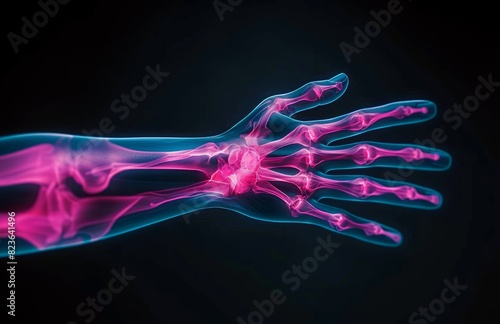A closeup of the hand with an Xray view showing pink glowing pain surfaces in multiple bones