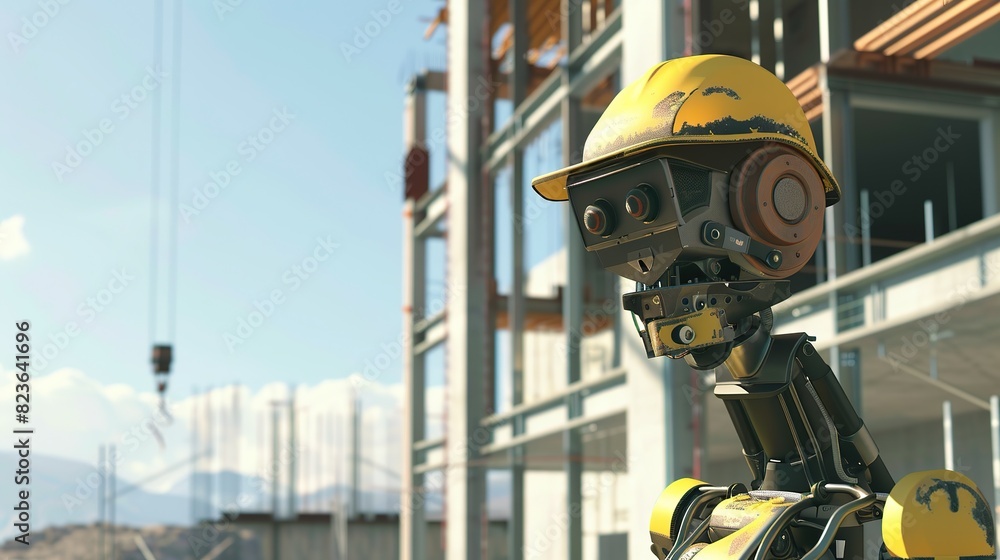 A robot wearing a yellow hat stands in front of a building. Currently working as an engineer at a construction site. A robot wearing a yellow hat stands in front of a building. Currently working as an engineer at a construction site.