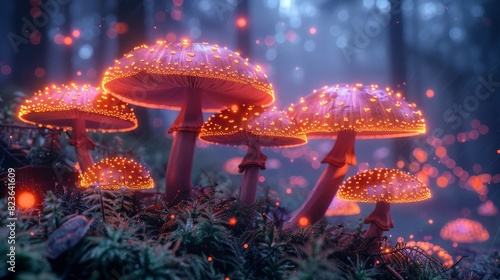 A captivating scene of glowing red mushrooms amidst a foggy forest, emitting a mystical, fairy-tale ambiance