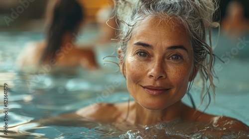 A mature woman with wet hair  bright eyes  and a joyful smile in a pool  with defocused background figures