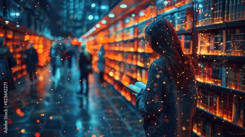 A woman in a coat stands in an illuminated library with glowing shelves, creating a magical and studious atmosphere photo