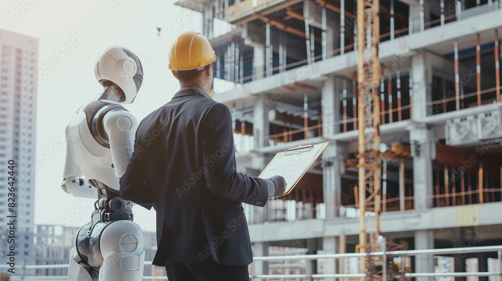 Rear view of manager, professional engineer and robot, standing and consulting with each other, construction engineer concept, construction industry background.