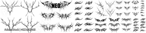 Collection of various tribal and barbed wire tattoo designs in black and white, showcasing intricate and symmetrical patterns. Ideal for tattoo artists streetwear etc vector illustration set photo