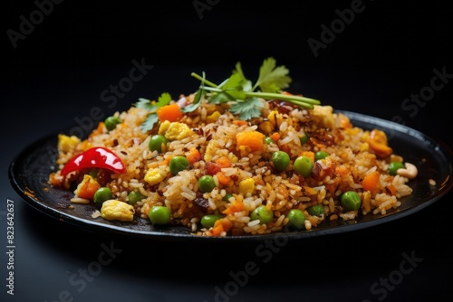 Exquisite fried rice on a marble slab against a black slate background
