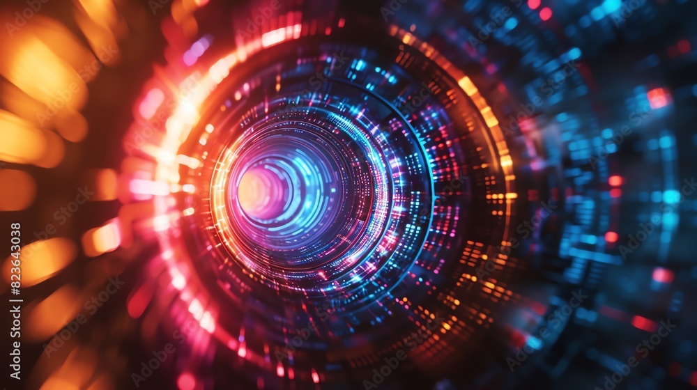 Futuristic glowing tunnel with vibrant colors and dynamic light patterns, ideal for technology, space, and sci-fi themes. Futuristic glowing tunnel with vibrant colors and dynamic light patterns, ideal for technology, space, and sci-fi themes.