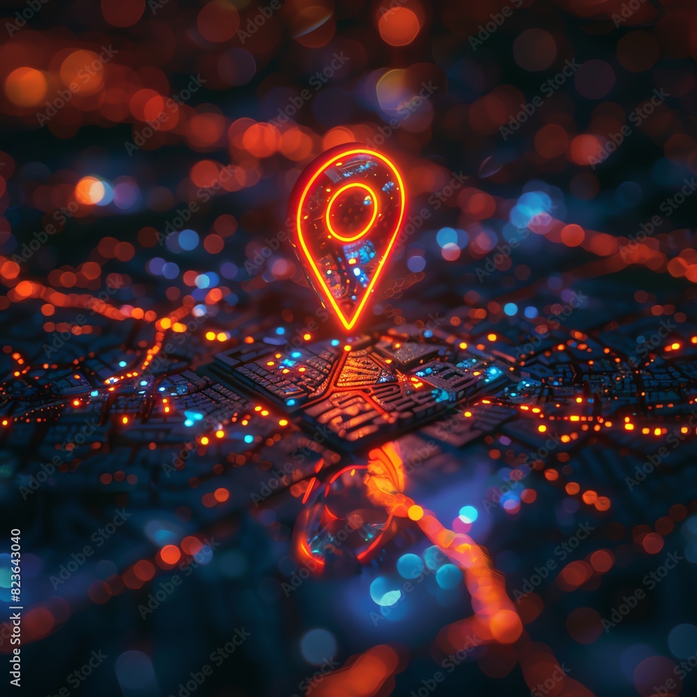 Glowing red location pin on a futuristic digital map with vibrant lights, representing navigation and technology. Glowing red location pin on a futuristic digital map with vibrant lights, representing navigation and technology.