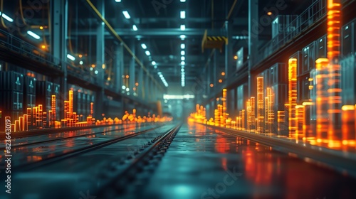 Futuristic industrial warehouse with digital data visualization and high-tech lighting  showcasing a modern  automated environment.