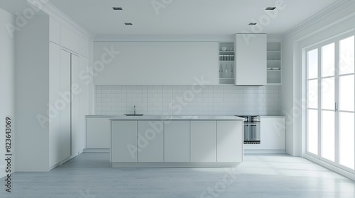 Minimalist and Modern Greyish White Kitchen with Bright Spacious Interior Design