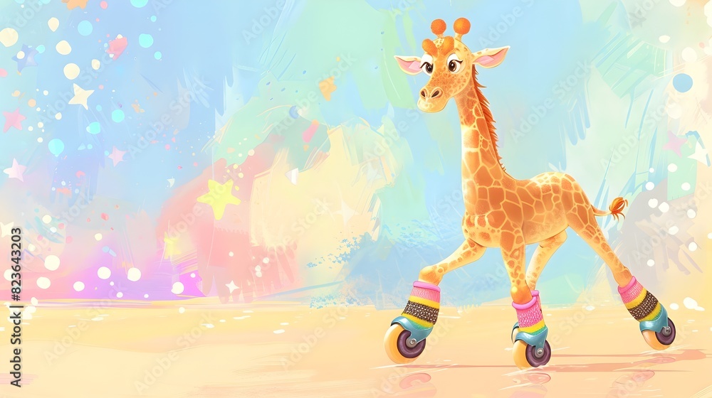 Obraz premium Giraffe on Roller Skates Exploring a Vibrant and Whimsical Outdoor Adventure