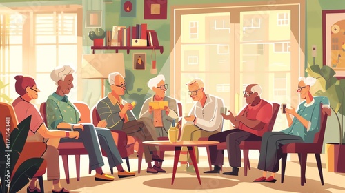 A heartwarming illustration of a LGBTQ senior social club  with elderly members sharing memories and forging new friendships
