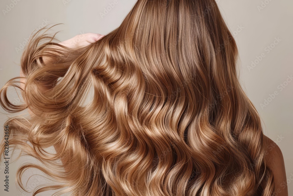 Woman with long, wavy hair flipping her hair back, showcasing smoothness and shine Woman with long, wavy hair flipping her hair back, showcasing smoothness and shine