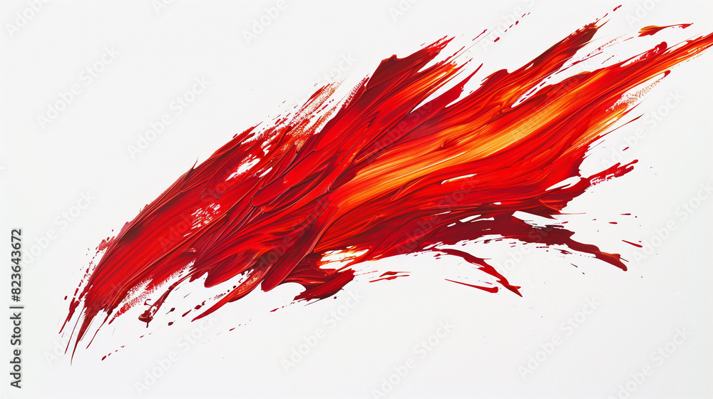 A jagged, aggressive brushstroke of fiery red acrylic paint, stark against a solid white background, suggesting raw energy.