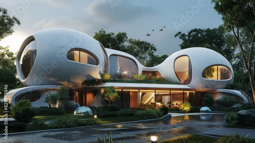 A minimalist white dome-shaped building set in a green environment.