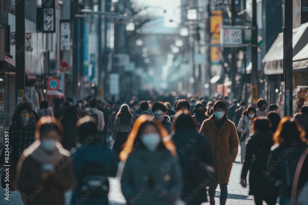 Crowd of People in a Medical Masks During Pandemic. Outdoor. Medical Mask. Pandemic Concept. Healthcare Concept. Epidemic Concept.