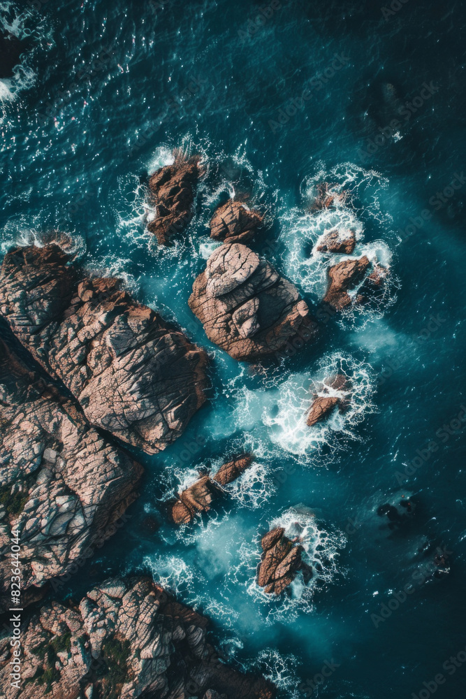 Aerial view of rocky outcrops jutting out of the ocean, emphasizing the stark contrast between the solid rocks and the fluid water. Focus on the natural lines and shapes for a minimalist composition. Aerial view of rocky outcrops jutting out of the ocean, emphasizing the stark contrast between the solid rocks and the fluid water. Focus on the natural lines and shapes for a minimalist composition.