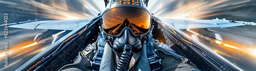 A pilot in the cockpit of an F20 fighter jet, wearing full face helmet and goggles with orange reflections on his glasses, pointing forward at camera, blurs from speed around him, futuristic backgroun