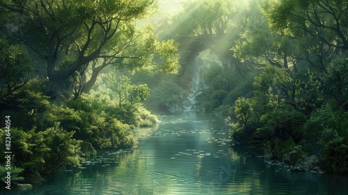 A tranquil river flowing through a lush  green forest.